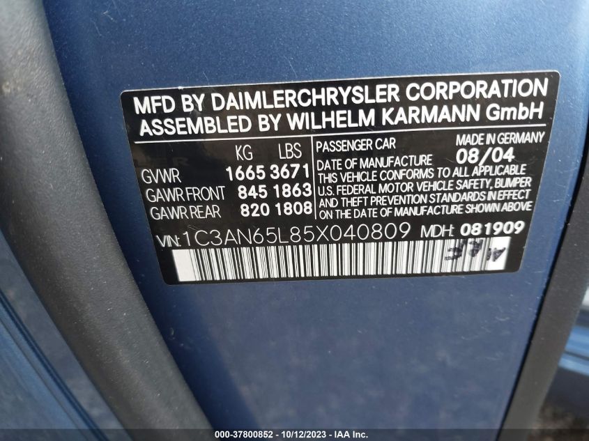 2005 Chrysler Crossfire Limited VIN: 1C3AN65L85X040809 Lot: 37800852