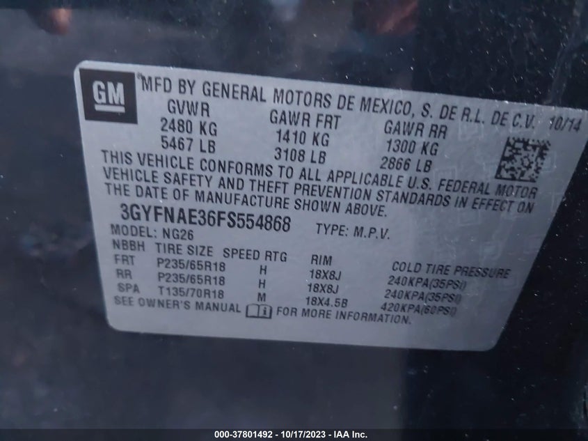 2015 Cadillac Srx Base VIN: 3GYFNAE36FS554868 Lot: 37801492