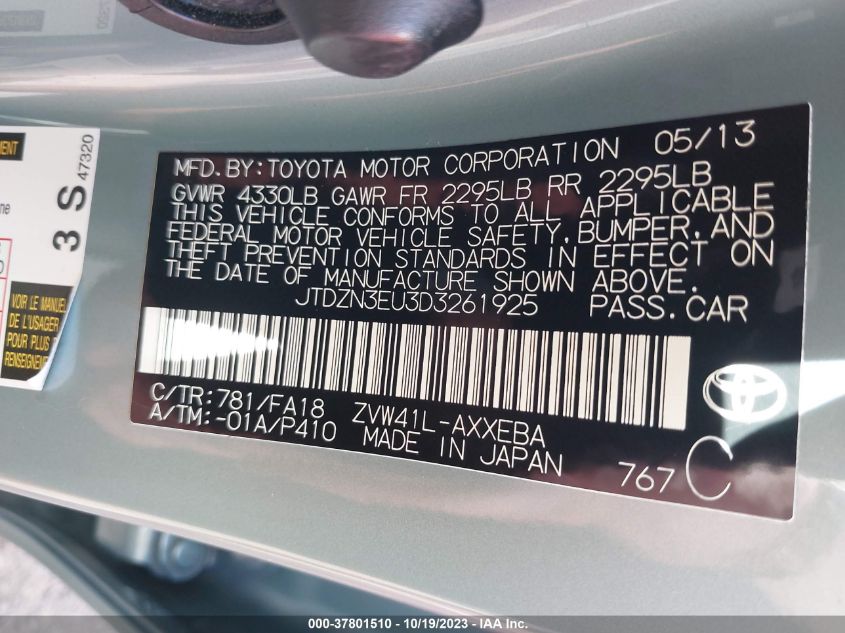 2013 Toyota Prius V Two/Three/Five VIN: JTDZN3EU3D3261925 Lot: 37801510
