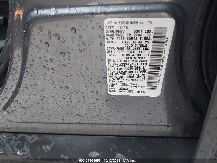 2017 Infiniti Qx70 VIN: JN8CS1MU7HM141697 Lot: 37801655