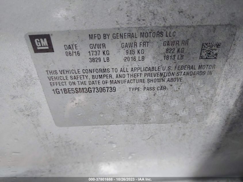 2016 Chevrolet Cruze Lt VIN: 1G1BE5SM3G7306739 Lot: 37801688