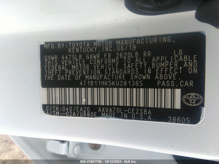 4T1B11HK5KU281365 2019 Toyota Camry Se