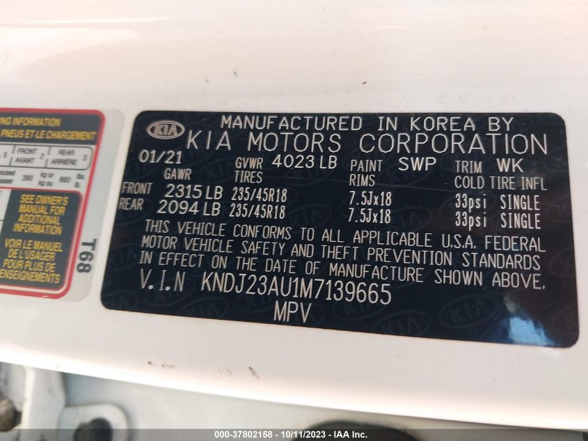 2021 Kia Soul X-Line VIN: KNDJ23AU1M7139665 Lot: 37802158