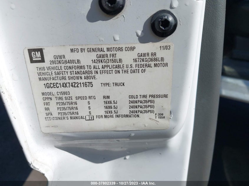 2004 Chevrolet Silverado 1500 Work Truck VIN: 1GCEC14X74Z211675 Lot: 37802339