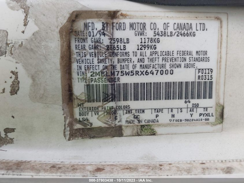 1994 Mercury Grand Marquis Ls VIN: 2MELM75W5RX647000 Lot: 37803438
