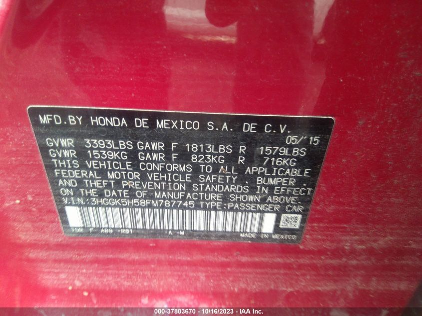 2015 Honda Fit Lx VIN: 3HGGK5H58FM787745 Lot: 37803670
