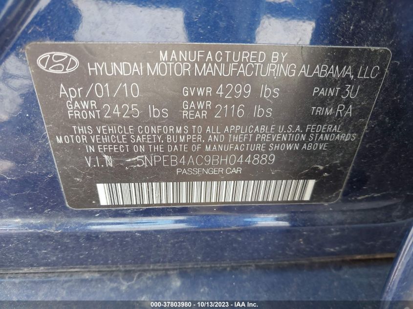 2011 Hyundai Sonata Gls VIN: 5NPEB4AC9BH044889 Lot: 37803980