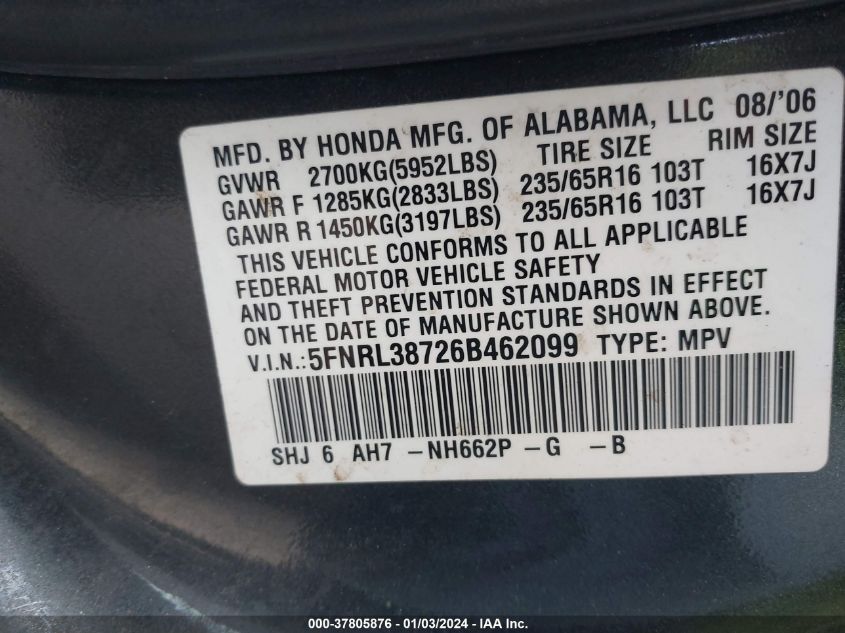 2006 Honda Odyssey Ex-L VIN: 5FNRL38726B462099 Lot: 37805876