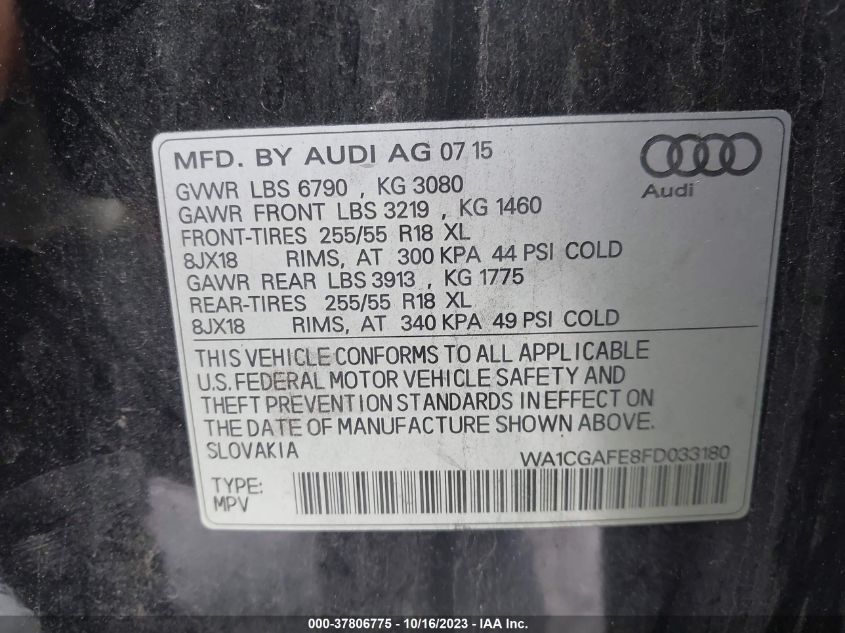 2015 Audi Q7 3.0T Premium VIN: WA1CGAFE8FD033180 Lot: 37806775