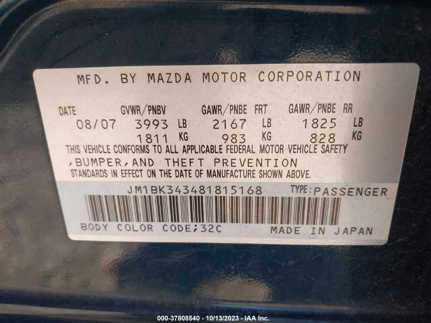 2008 Mazda Mazda3 S Grand Touring VIN: JM1BK343481815168 Lot: 37808540