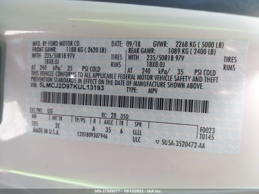 2019 Lincoln Mkc Select VIN: 5LMCJ2D97KUL13193 Lot: 37809077