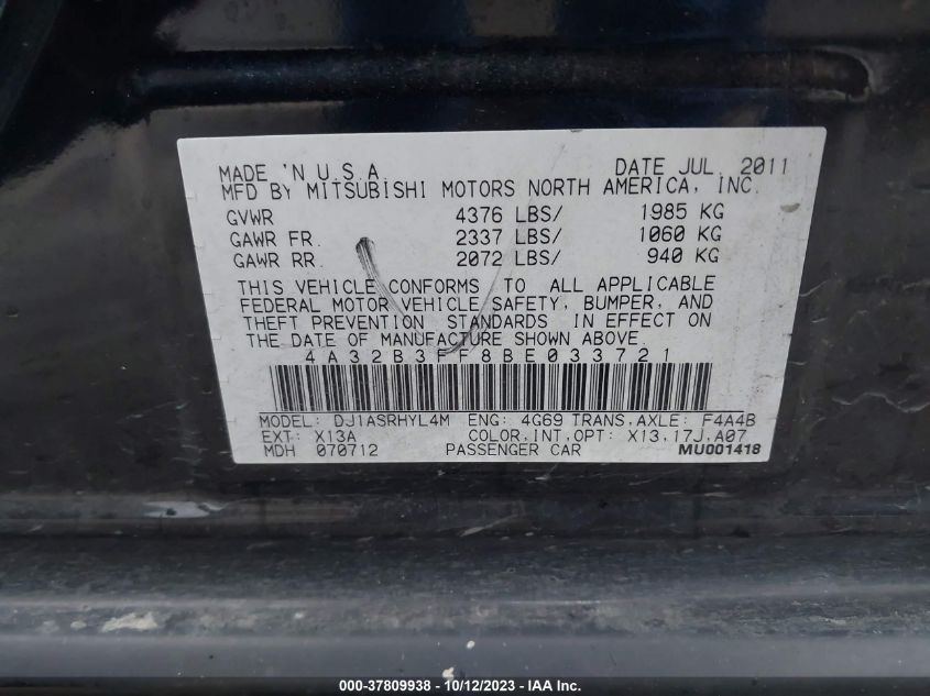 2011 Mitsubishi Galant Se/Es VIN: 4A32B3FF8BE033721 Lot: 37809938