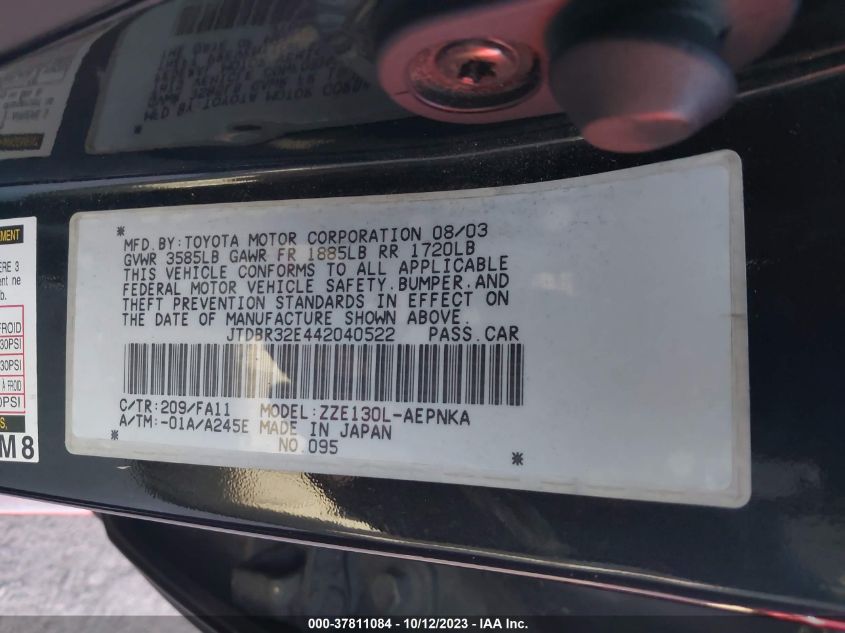 2004 Toyota Corolla Ce/Le VIN: JTDBR32E442040522 Lot: 37811084