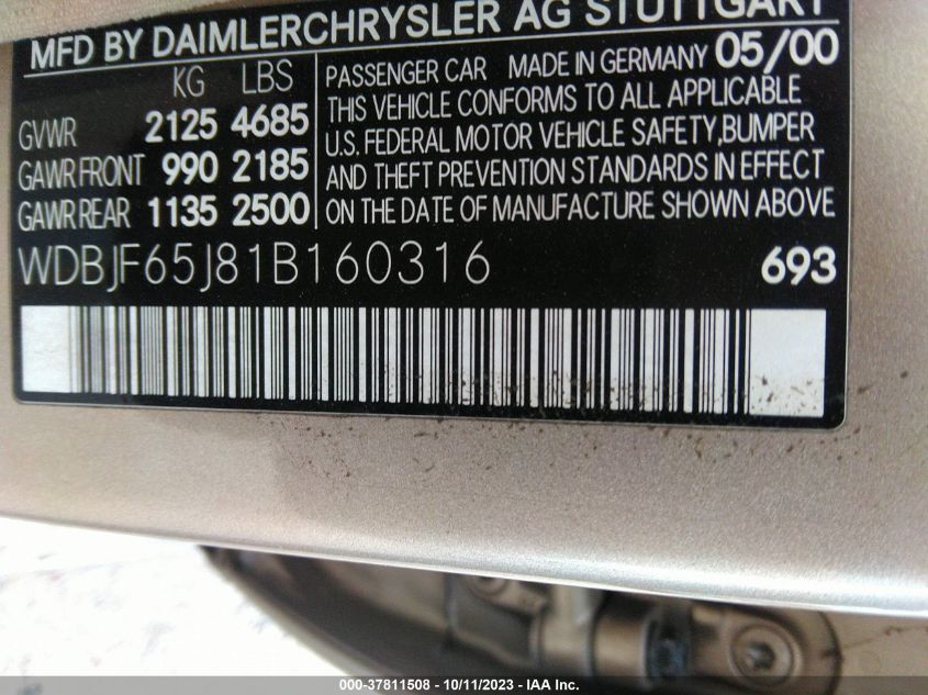 2001 Mercedes-Benz E-Class VIN: WDBJF65J81B160316 Lot: 37811508