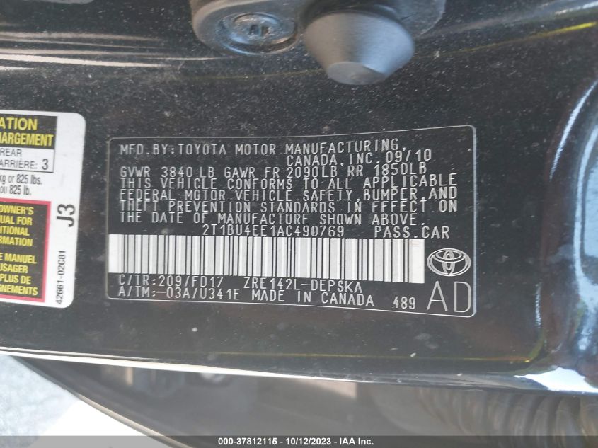 2T1BU4EE1AC490769 2010 Toyota Corolla S