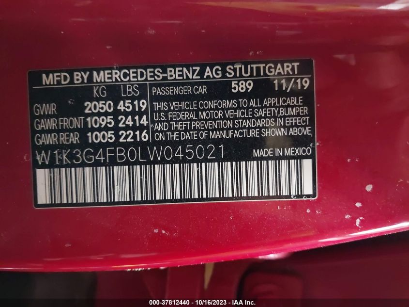 2020 Mercedes-Benz A 220 4Matic VIN: W1K3G4FB0LW045021 Lot: 37812440