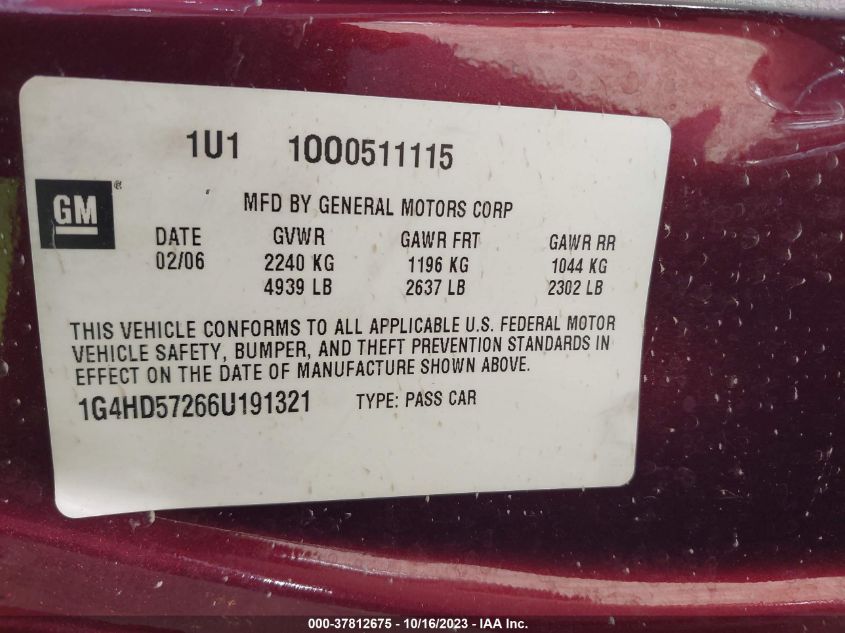 2006 Buick Lucerne Cxl VIN: 1G4HD57266U191321 Lot: 40344841