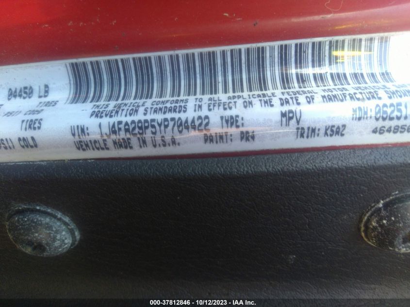 2000 Jeep Wrangler Se VIN: 1J4FA29P5YP704422 Lot: 37812846