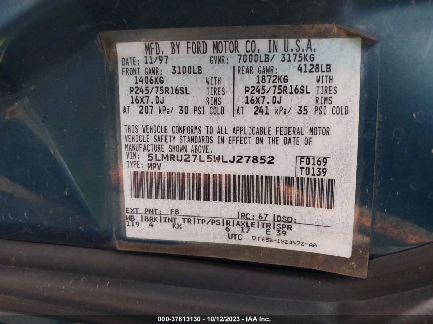 1998 Lincoln Navigator VIN: 5LMRU27L5WLJ27852 Lot: 37813130