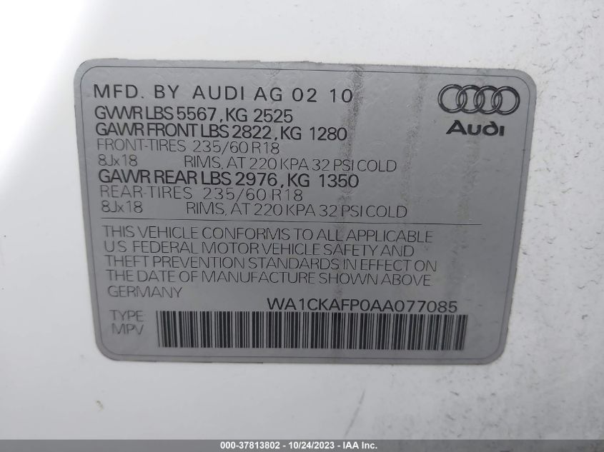 2010 Audi Q5 Premium VIN: WA1CKAFP0AA077085 Lot: 37813802