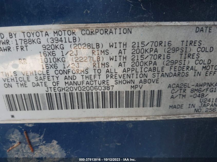 2002 Toyota Rav4 VIN: JTEGH20V020060387 Lot: 37813816