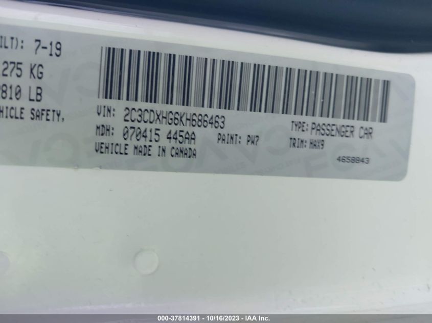 2C3CDXHG6KH686463 2019 Dodge Charger Gt Rwd