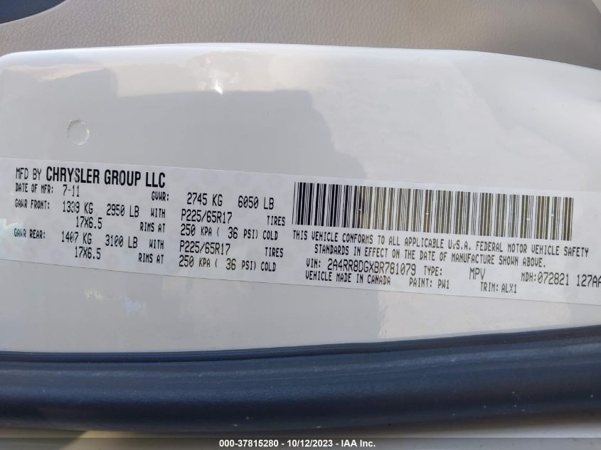 2011 Chrysler Town & Country Touring-L VIN: 2A4RR8DGXBR781079 Lot: 37815280