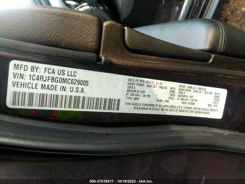 1C4RJFBG0MC629005 2021 Jeep Grand Cherokee Limited