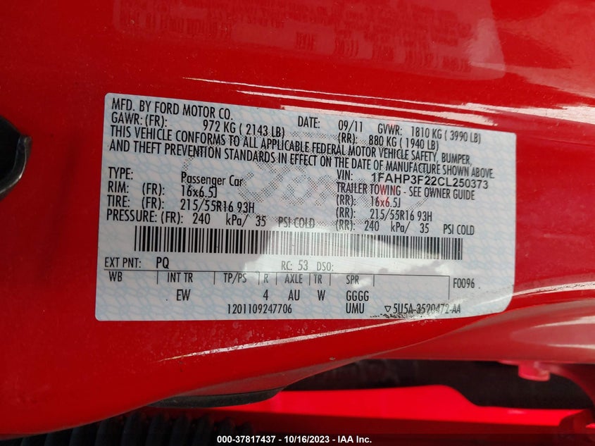 2012 Ford Focus Se VIN: 1FAHP3F22CL250373 Lot: 37817437