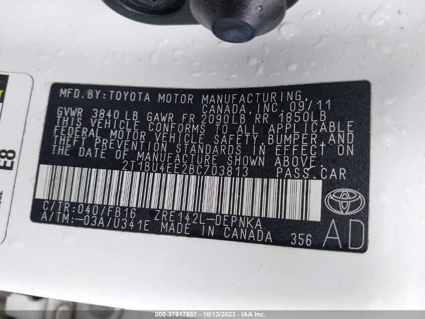 2011 Toyota Corolla L/Le/S VIN: 2T1BU4EE2BC703813 Lot: 37817657