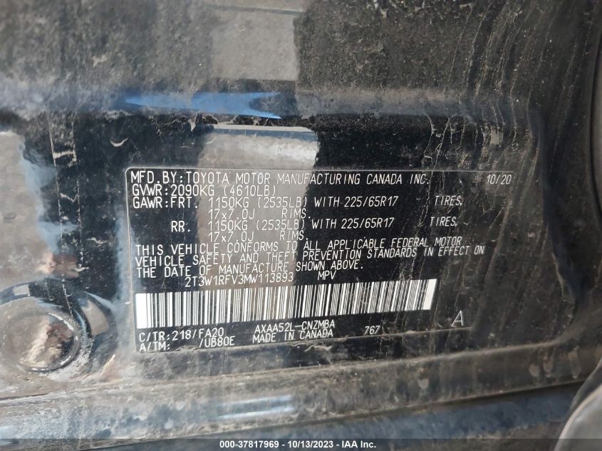 2T3W1RFV3MW113893 2021 Toyota Rav4 Xle