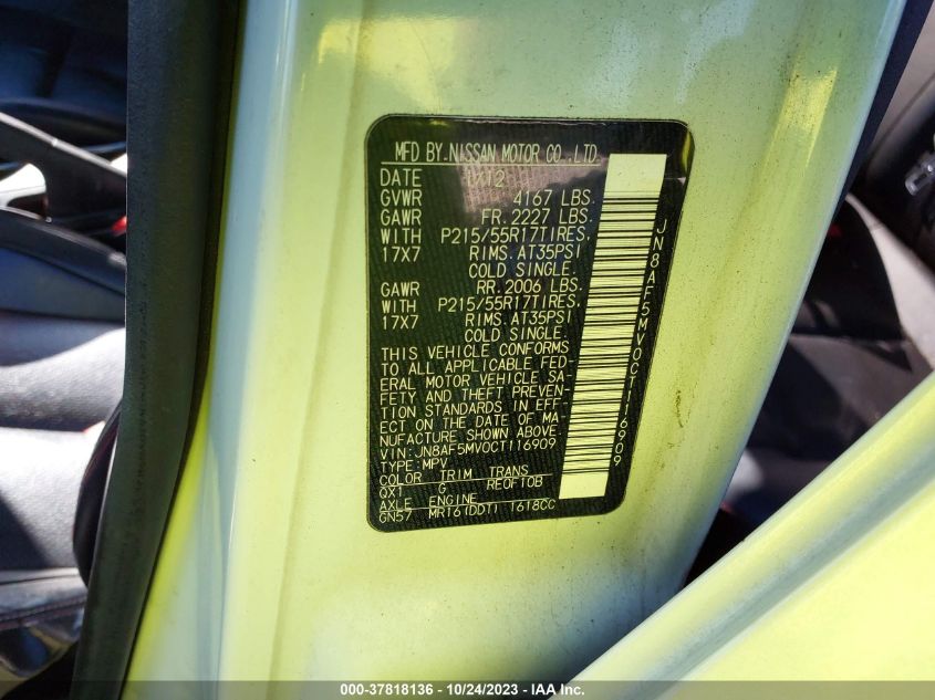 2012 Nissan Juke Sl VIN: JN8AF5MV0CT116909 Lot: 37818136