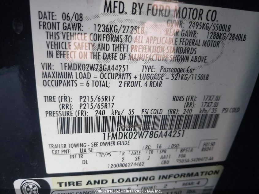 1FMDK02W78GA44251 2008 Ford Taurus X Sel