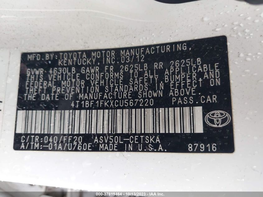 4T1BF1FKXCU567220 2012 Toyota Camry Se