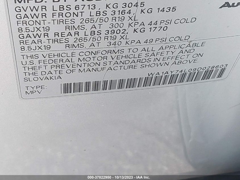 2009 Audi Q7 Premium Plus VIN: WA1AY74L09D028603 Lot: 37822950