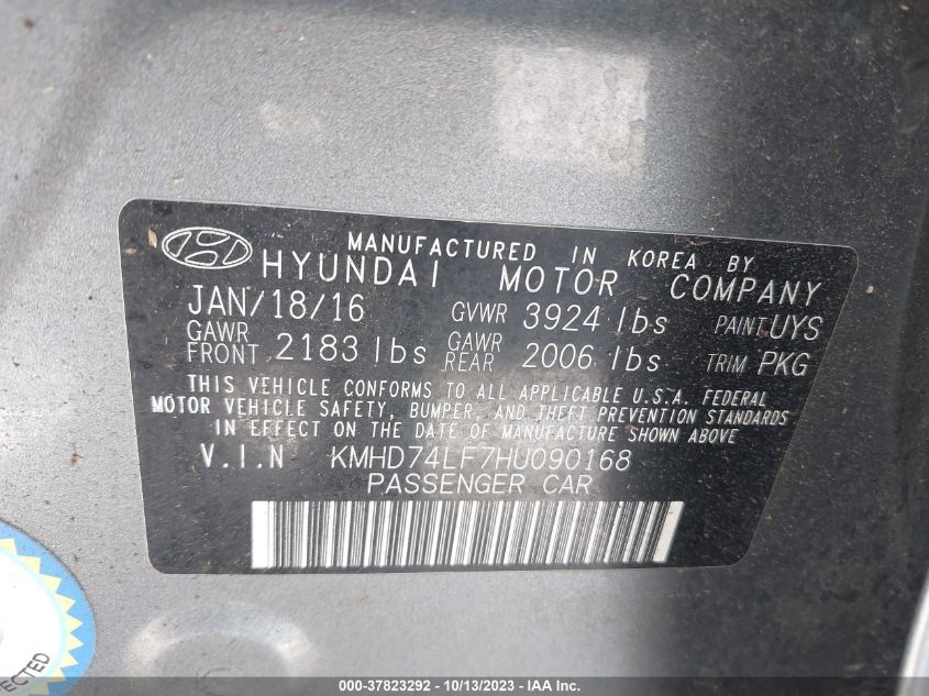 KMHD74LF7HU090168 2017 Hyundai Elantra Se