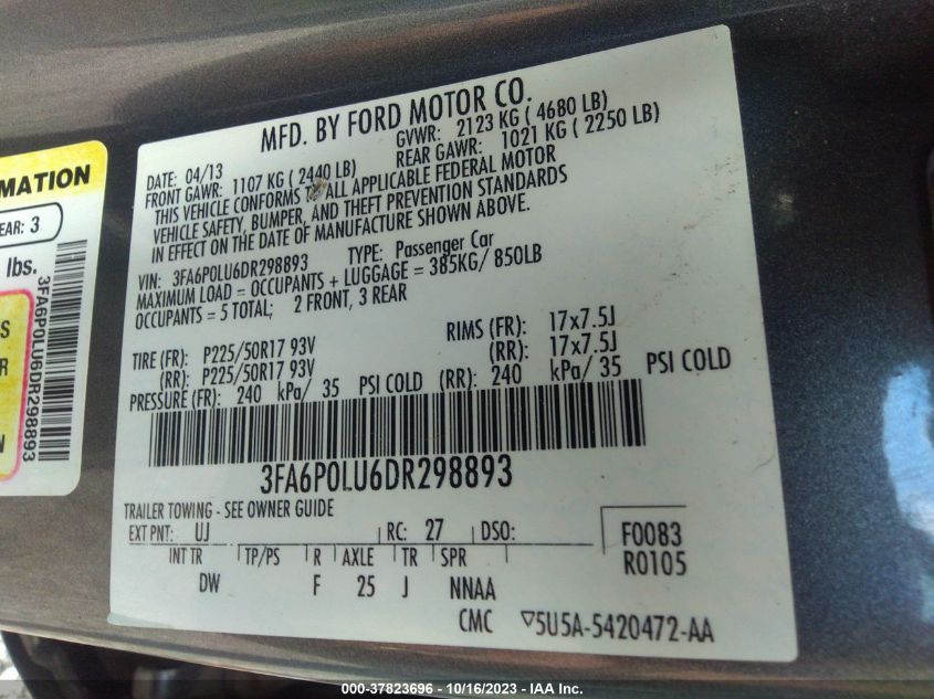 3FA6P0LU6DR298893 2013 Ford Fusion Se Hybrid