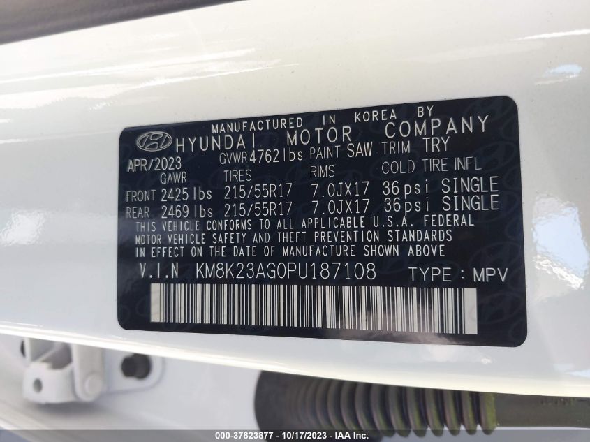 2023 Hyundai Kona Electric Se VIN: KM8K23AG0PU187108 Lot: 37823877