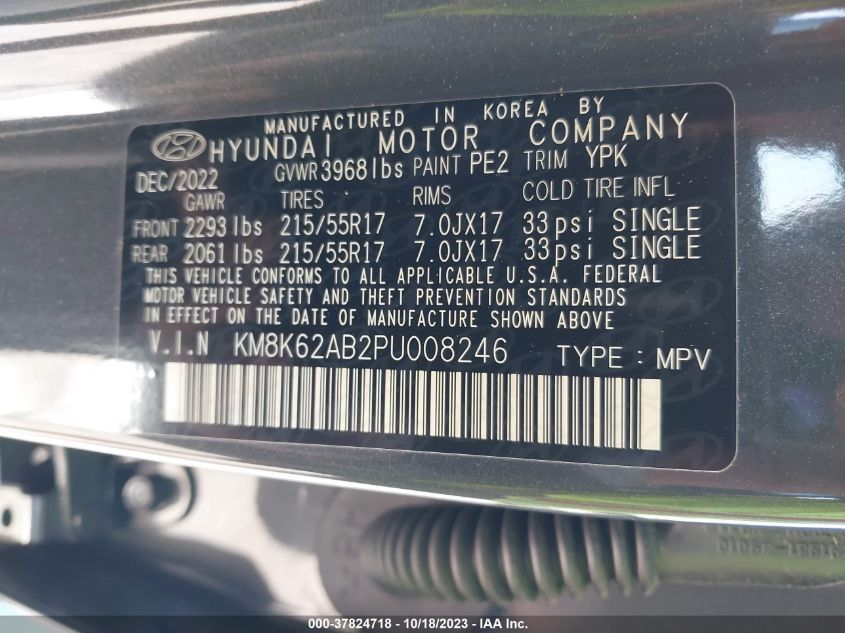 2023 Hyundai Kona Sel VIN: KM8K62AB2PU008246 Lot: 37824718