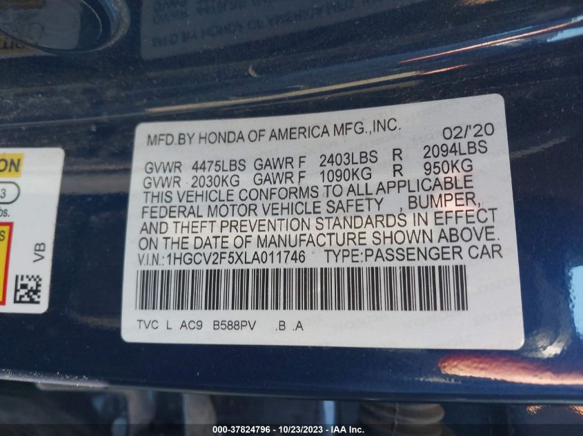 1HGCV2F5XLA011746 2020 Honda Accord Ex-L 2.0T