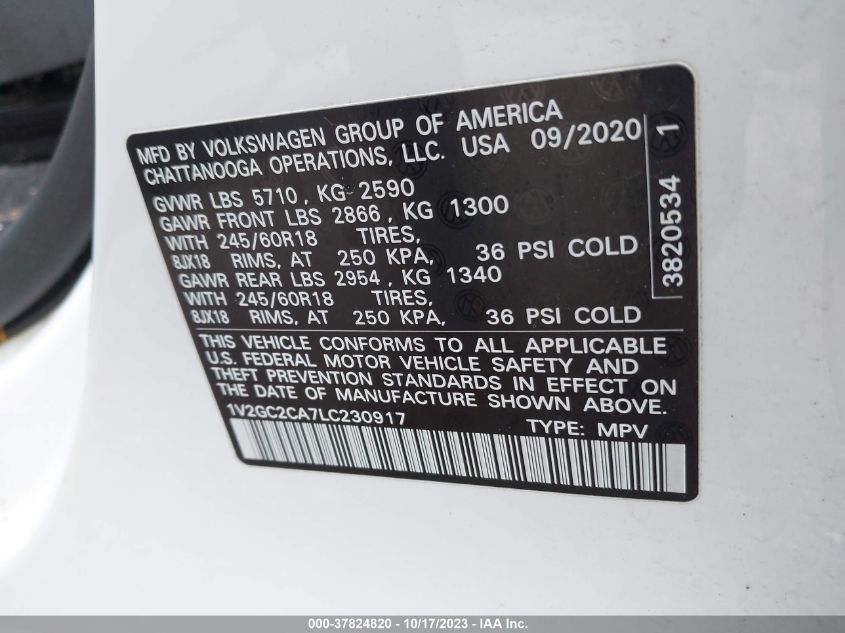 2020 Volkswagen Atlas Cross Sport 2.0T S VIN: 1V2GC2CA7LC230917 Lot: 37824820
