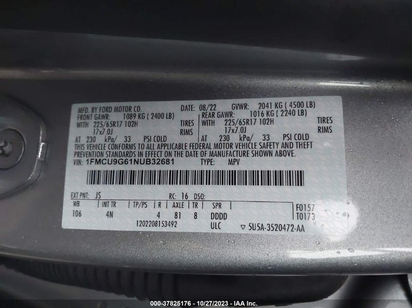 2022 Ford Escape Se VIN: 1FMCU9G61NUB32681 Lot: 37825176