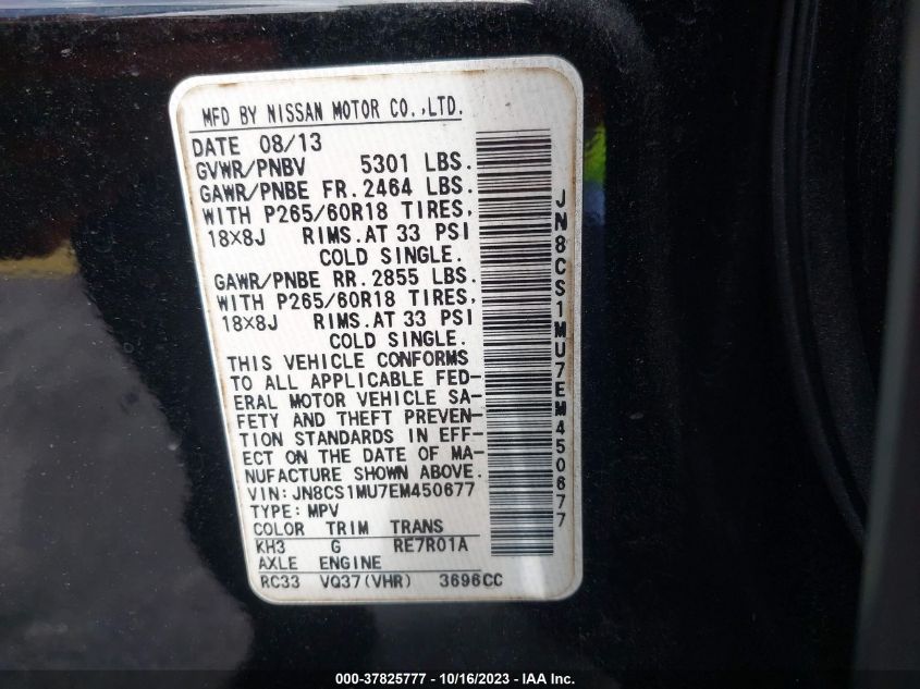 2014 Infiniti Qx70 VIN: JN8CS1MU7EM450677 Lot: 37825777