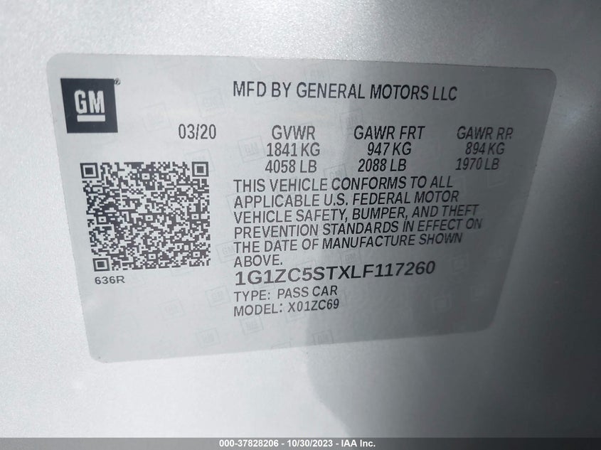 2020 Chevrolet Malibu Ls VIN: 1G1ZC5STXLF117260 Lot: 37828206