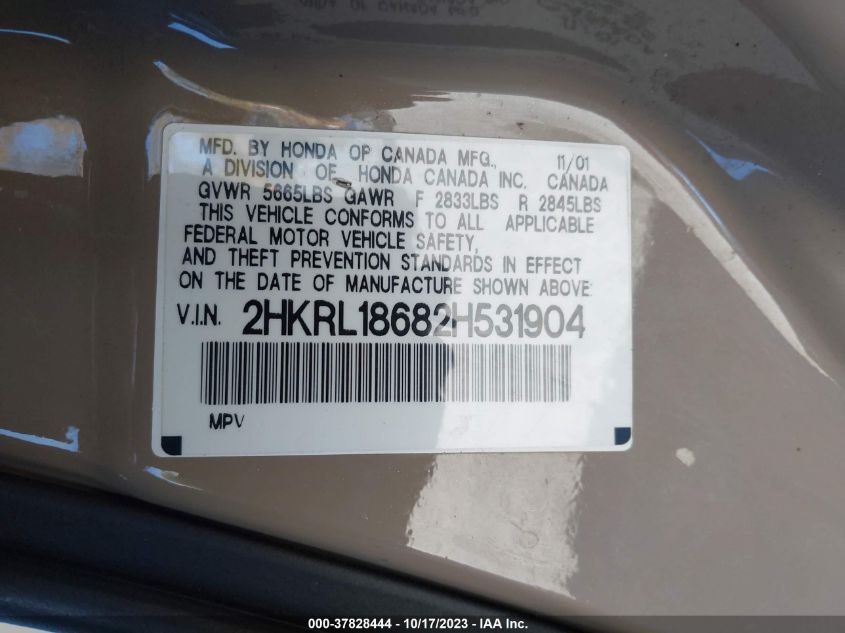 2002 Honda Odyssey Ex VIN: 2HKRL18682H531904 Lot: 37828444