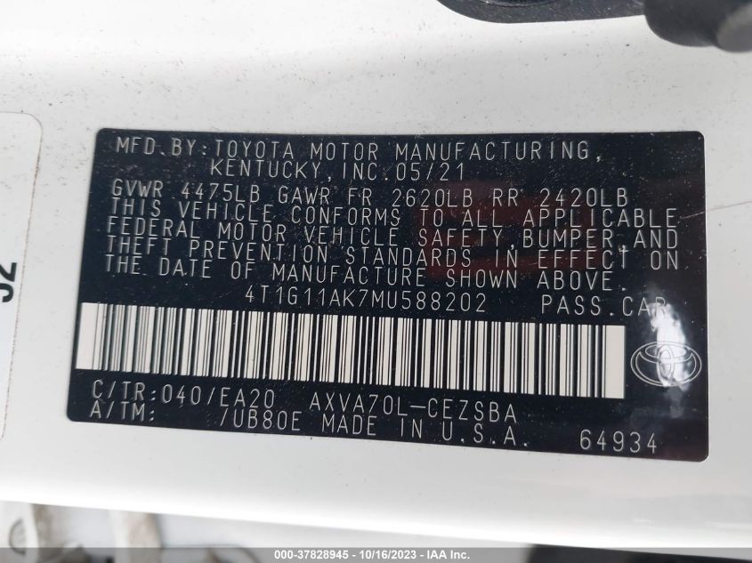 4T1G11AK7MU588202 2021 Toyota Camry Se