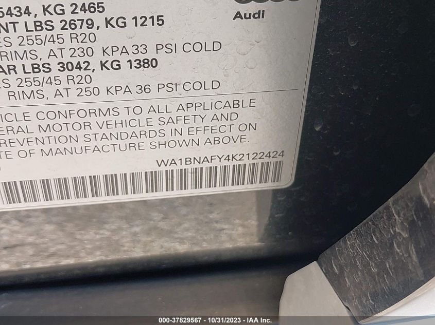 2019 Audi Q5 Premium Plus VIN: WA1BNAFY4K2122424 Lot: 37829567