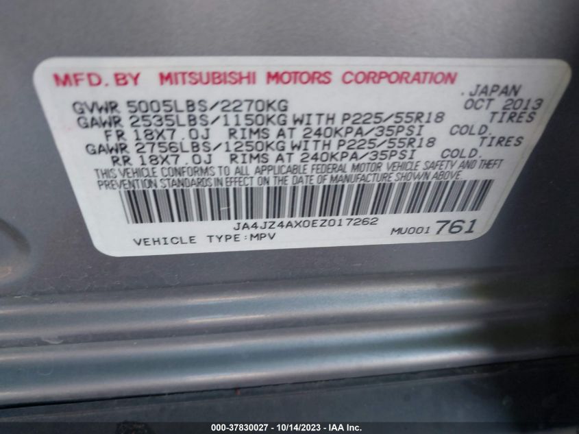 2014 Mitsubishi Outlander Gt VIN: JA4JZ4AX0EZ017262 Lot: 37830027