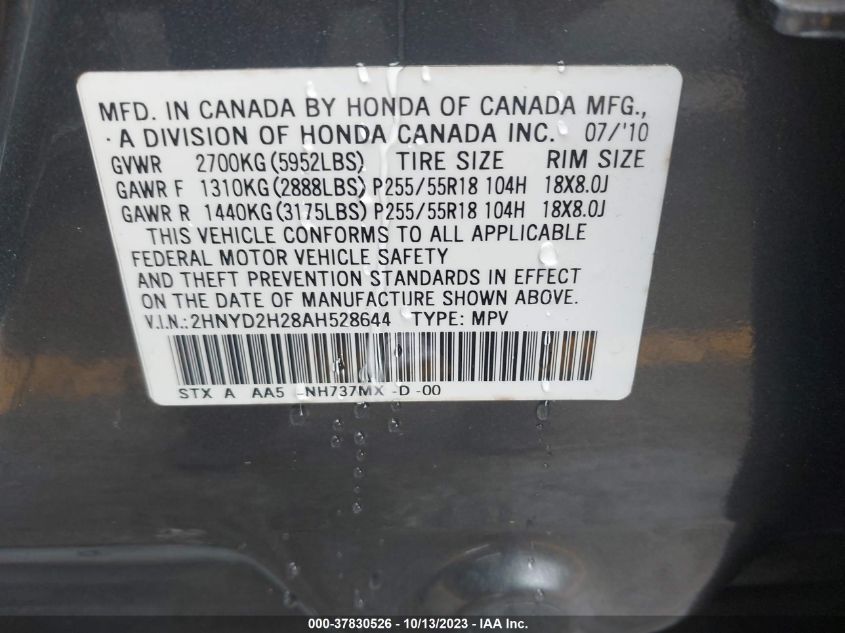 2010 Acura Mdx VIN: 2HNYD2H28AH528644 Lot: 37830526