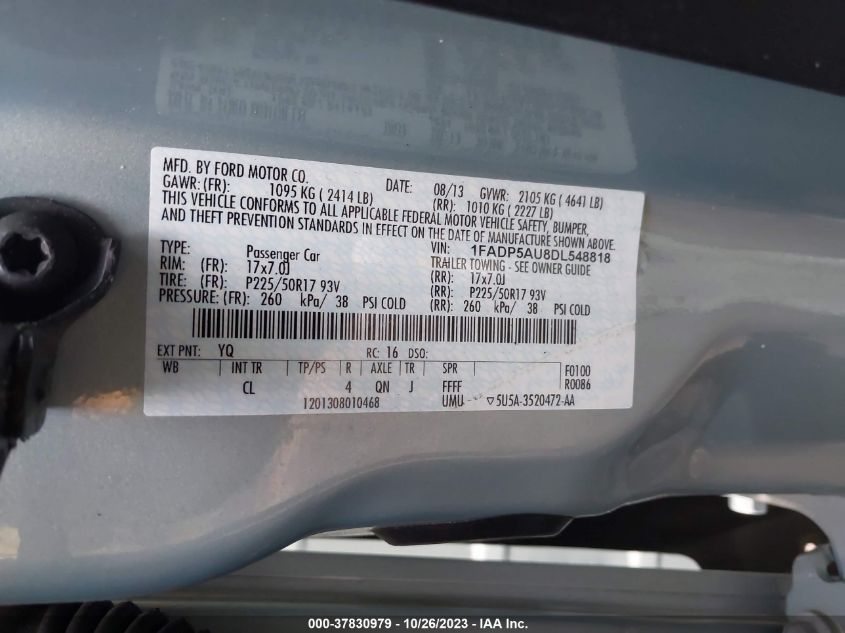 2013 Ford C-Max Hybrid Se VIN: 1FADP5AU8DL548818 Lot: 37830979